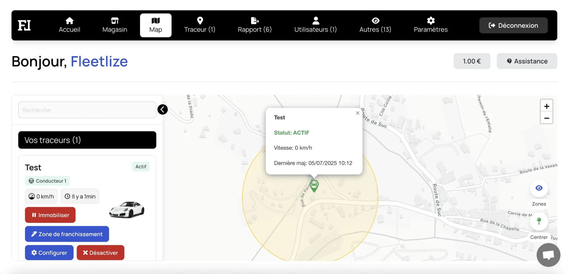 Carte interactive du tableau de bord Fleetlize montrant la localisation en temps réel des véhicules